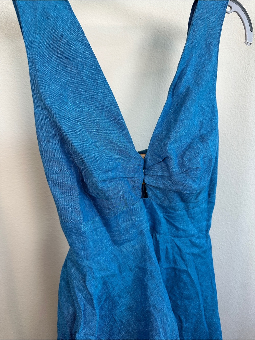 Linen Sleeveless V-Neck Blue Summer Dress - Picture 2 of 9